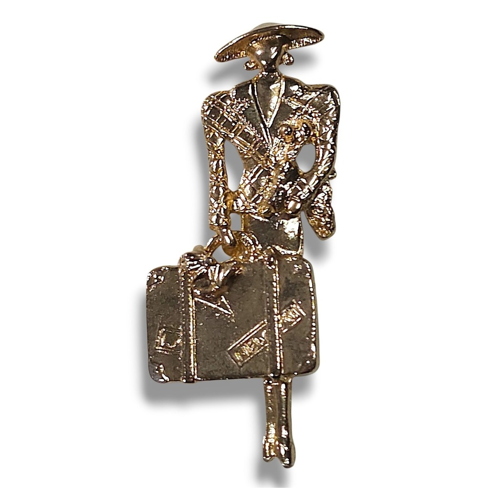 Vintage Traveler Woman Lady Brooch Gold Tone Figural Hat Suitcase Tourist Pin OS - Picture 2 of 5